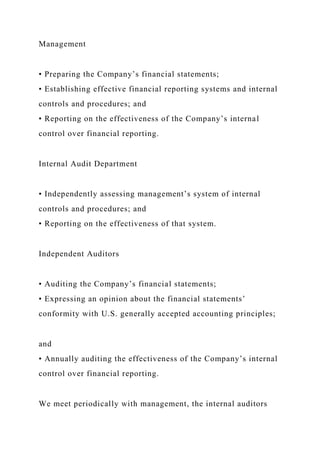 Management
• Preparing the Company’s financial statements;
• Establishing effective financial reporting systems and internal
controls and procedures; and
• Reporting on the effectiveness of the Company’s internal
control over financial reporting.
Internal Audit Department
• Independently assessing management’s system of internal
controls and procedures; and
• Reporting on the effectiveness of that system.
Independent Auditors
• Auditing the Company’s financial statements;
• Expressing an opinion about the financial statements’
conformity with U.S. generally accepted accounting principles;
and
• Annually auditing the effectiveness of the Company’s internal
control over financial reporting.
We meet periodically with management, the internal auditors
 