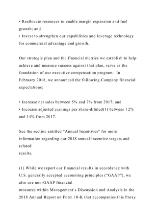 • Reallocate resources to enable margin expansion and fuel
growth; and
• Invest to strengthen our capabilities and leverage technology
for commercial advantage and growth.
Our strategic plan and the financial metrics we establish to help
achieve and measure success against that plan, serve as the
foundation of our executive compensation program. In
February 2018, we announced the following Company financial
expectations:
• Increase net sales between 5% and 7% from 2017; and
• Increase adjusted earnings per share-diluted(1) between 12%
and 14% from 2017.
See the section entitled "Annual Incentives" for more
information regarding our 2018 annual incentive targets and
related
results.
(1) While we report our financial results in accordance with
U.S. generally accepted accounting principles (“GAAP”), we
also use non-GAAP financial
measures within Management’s Discussion and Analysis in the
2018 Annual Report on Form 10-K that accompanies this Proxy
 