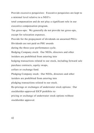Provide excessive perquisites: Executive perquisites are kept to
a minimal level relative to a NEO’s
total compensation and do not play a significant role in our
executive compensation program.
Tax gross-ups: We generally do not provide tax gross-ups,
except for relocation expenses.
Provide for the prepayment of dividends on unearned PSUs:
Dividends are not paid on PSU awards
during the three-year performance cycle.
Hedging Company stock: Our NEOs, directors and other
insiders are prohibited from entering into
hedging transactions related to our stock, including forward sale
purchase contracts, equity swaps,
collars or exchange fund.
Pledging Company stock: Our NEOs, directors and other
insiders are prohibited from entering into
pledging transactions related to our stock.
Re-pricings or exchanges of underwater stock options: Our
stockholder-approved EICP prohibits re-
pricing or exchange of underwater stock options without
stockholder approval.
42
 