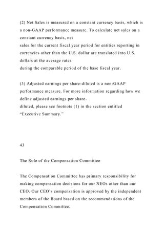 (2) Net Sales is measured on a constant currency basis, which is
a non-GAAP performance measure. To calculate net sales on a
constant currency basis, net
sales for the current fiscal year period for entities reporting in
currencies other than the U.S. dollar are translated into U.S.
dollars at the average rates
during the comparable period of the base fiscal year.
(3) Adjusted earnings per share-diluted is a non-GAAP
performance measure. For more information regarding how we
define adjusted earnings per share-
diluted, please see footnote (1) in the section entitled
“Executive Summary.”
43
The Role of the Compensation Committee
The Compensation Committee has primary responsibility for
making compensation decisions for our NEOs other than our
CEO. Our CEO’s compensation is approved by the independent
members of the Board based on the recommendations of the
Compensation Committee.
 