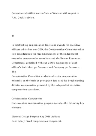 Committee identified no conflicts of interest with respect to
F.W. Cook’s advice.
44
In establishing compensation levels and awards for executive
officers other than our CEO, the Compensation Committee takes
into consideration the recommendations of the independent
executive compensation consultant and the Human Resources
Department, combined with our CEO's evaluations of each
officer’s individual performance and Company performance.
The
Compensation Committee evaluates director compensation
primarily on the basis of peer group data used for benchmarking
director compensation provided by the independent executive
compensation consultant.
Compensation Components
Our executive compensation program includes the following key
elements:
Element Design Purpose Key 2018 Actions
Base Salary Fixed compensation component.
 