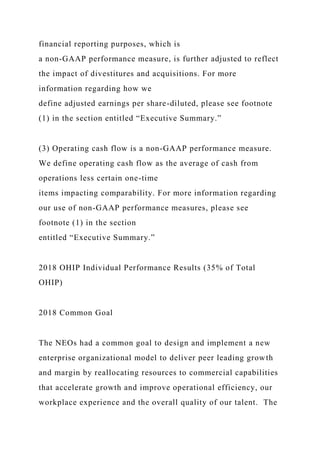 financial reporting purposes, which is
a non-GAAP performance measure, is further adjusted to reflect
the impact of divestitures and acquisitions. For more
information regarding how we
define adjusted earnings per share-diluted, please see footnote
(1) in the section entitled “Executive Summary.”
(3) Operating cash flow is a non-GAAP performance measure.
We define operating cash flow as the average of cash from
operations less certain one-time
items impacting comparability. For more information regarding
our use of non-GAAP performance measures, please see
footnote (1) in the section
entitled “Executive Summary.”
2018 OHIP Individual Performance Results (35% of Total
OHIP)
2018 Common Goal
The NEOs had a common goal to design and implement a new
enterprise organizational model to deliver peer leading growth
and margin by reallocating resources to commercial capabilities
that accelerate growth and improve operational efficiency, our
workplace experience and the overall quality of our talent. The
 