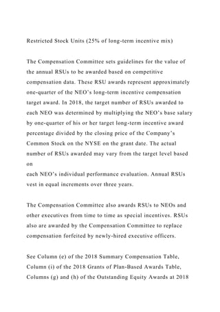 Restricted Stock Units (25% of long-term incentive mix)
The Compensation Committee sets guidelines for the value of
the annual RSUs to be awarded based on competitive
compensation data. These RSU awards represent approximately
one-quarter of the NEO’s long-term incentive compensation
target award. In 2018, the target number of RSUs awarded to
each NEO was determined by multiplying the NEO’s base salary
by one-quarter of his or her target long-term incentive award
percentage divided by the closing price of the Company’s
Common Stock on the NYSE on the grant date. The actual
number of RSUs awarded may vary from the target level based
on
each NEO’s individual performance evaluation. Annual RSUs
vest in equal increments over three years.
The Compensation Committee also awards RSUs to NEOs and
other executives from time to time as special incentives. RSUs
also are awarded by the Compensation Committee to replace
compensation forfeited by newly-hired executive officers.
See Column (e) of the 2018 Summary Compensation Table,
Column (i) of the 2018 Grants of Plan-Based Awards Table,
Columns (g) and (h) of the Outstanding Equity Awards at 2018
 