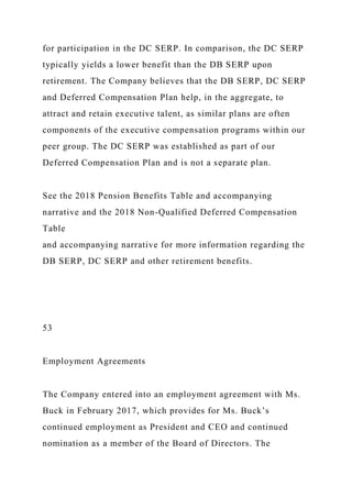 for participation in the DC SERP. In comparison, the DC SERP
typically yields a lower benefit than the DB SERP upon
retirement. The Company believes that the DB SERP, DC SERP
and Deferred Compensation Plan help, in the aggregate, to
attract and retain executive talent, as similar plans are often
components of the executive compensation programs within our
peer group. The DC SERP was established as part of our
Deferred Compensation Plan and is not a separate plan.
See the 2018 Pension Benefits Table and accompanying
narrative and the 2018 Non-Qualified Deferred Compensation
Table
and accompanying narrative for more information regarding the
DB SERP, DC SERP and other retirement benefits.
53
Employment Agreements
The Company entered into an employment agreement with Ms.
Buck in February 2017, which provides for Ms. Buck’s
continued employment as President and CEO and continued
nomination as a member of the Board of Directors. The
 