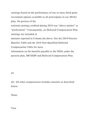 earnings based on the performance of one or more third-party
investment options available to all participants in our 401(k)
plan. No portion of the
notional earnings credited during 2018 was “above market” or
“preferential.” Consequently, no Deferred Compensation Plan
earnings are included in
amounts reported in Column (h) above. See the 2018 Pension
Benefits Table and the 2018 Non-Qualified Deferred
Compensation Table for more
information on the benefits payable to the NEOs under the
pension plan, DB SERP and Deferred Compensation Plan.
59
(8) All other compensation includes amounts as described
below:
Name
Year
 