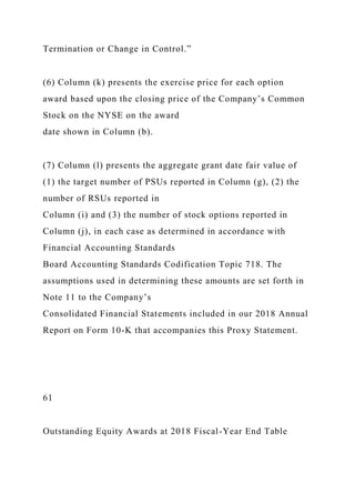 Termination or Change in Control.”
(6) Column (k) presents the exercise price for each option
award based upon the closing price of the Company’s Common
Stock on the NYSE on the award
date shown in Column (b).
(7) Column (l) presents the aggregate grant date fair value of
(1) the target number of PSUs reported in Column (g), (2) the
number of RSUs reported in
Column (i) and (3) the number of stock options reported in
Column (j), in each case as determined in accordance with
Financial Accounting Standards
Board Accounting Standards Codification Topic 718. The
assumptions used in determining these amounts are set forth in
Note 11 to the Company’s
Consolidated Financial Statements included in our 2018 Annual
Report on Form 10-K that accompanies this Proxy Statement.
61
Outstanding Equity Awards at 2018 Fiscal-Year End Table
 