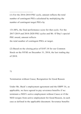 ____________________
(1) For the 2016-2018 PSU cycle, amount reflects the total
number of contingent PSUs calculated by multiplying the
number of contingent target PSUs by
131.08%, the final performance score for that cycle. For the
2017-2019 and 2018-2020 PSU cycles and Mr. O’Day’s special
PSU award, amount reflects
the total number of contingent PSUs at target.
(2) Based on the closing price of $107.18 for our Common
Stock on the NYSE on December 31, 2018, the last trading day
of 2018.
71
Termination without Cause; Resignation for Good Reason
Under Ms. Buck’s employment agreement and the EBPP 3A, as
applicable, we have agreed to pay severance benefits if we
terminate a NEO’s active employment without Cause or if the
NEO resigns from active employment for Good Reason, in each
case as defined in the applicable document. Severance benefits
 
