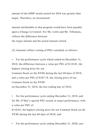 amount of the OHIP award earned for 2018 was greater than
target. Therefore, no incremental
amount attributable to that program would have been payable
upon a Change in Control. For Ms. Little and Mr. Tillemans,
reflects the difference between
the target amount and the actual amount earned.
(2) Amounts reflect vesting of PSUs awarded, as follows:
• For the performance cycle which ended on December 31,
2018, the difference between a value per PSU of $110.01, the
highest closing price for our
Common Stock on the NYSE during the last 60 days of 2018,
and a value per PSU of $107.18, the closing price of our
Common Stock on the NYSE
on December 31, 2018, the last trading day of 2018;
• For the performance cycle ending December 31, 2019, and
for Mr. O’Day’s special PSU award, at target performance, with
a value per PSU of
$110.01, the highest closing price for our Common Stock on the
NYSE during the last 60 days of 2018; and
• For the performance cycle ending December 31, 2020, one-
 