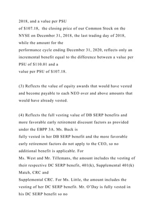 2018, and a value per PSU
of $107.18, the closing price of our Common Stock on the
NYSE on December 31, 2018, the last trading day of 2018,
while the amount for the
performance cycle ending December 31, 2020, reflects only an
incremental benefit equal to the difference between a value per
PSU of $110.01 and a
value per PSU of $107.18.
(3) Reflects the value of equity awards that would have vested
and become payable to each NEO over and above amounts that
would have already vested.
(4) Reflects the full vesting value of DB SERP benefits and
more favorable early retirement discount factors as provided
under the EBPP 3A. Ms. Buck is
fully vested in her DB SERP benefit and the more favorable
early retirement factors do not apply to the CEO, so no
additional benefit is applicable. For
Ms. West and Mr. Tillemans, the amount includes the vesting of
their respective DC SERP benefit, 401(k), Supplemental 401(k)
Match, CRC and
Supplemental CRC. For Ms. Little, the amount includes the
vesting of her DC SERP benefit. Mr. O’Day is fully vested in
his DC SERP benefit so no
 
