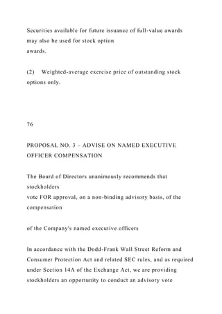 Securities available for future issuance of full-value awards
may also be used for stock option
awards.
(2) Weighted-average exercise price of outstanding stock
options only.
76
PROPOSAL NO. 3 – ADVISE ON NAMED EXECUTIVE
OFFICER COMPENSATION
The Board of Directors unanimously recommends that
stockholders
vote FOR approval, on a non-binding advisory basis, of the
compensation
of the Company's named executive officers
In accordance with the Dodd-Frank Wall Street Reform and
Consumer Protection Act and related SEC rules, and as required
under Section 14A of the Exchange Act, we are providing
stockholders an opportunity to conduct an advisory vote
 