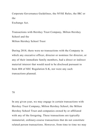 Corporate Governance Guidelines, the NYSE Rules, the IRC or
the
Exchange Act.
Transactions with Hershey Trust Company, Milton Hershey
School and the
Milton Hershey School Trust
During 2018, there were no transactions with the Company in
which any executive officer, director or nominee for director, or
any of their immediate family members, had a direct or indirect
material interest that would need to be disclosed pursuant to
Item 404 of SEC Regulation S-K, nor were any such
transactions planned.
78
In any given year, we may engage in certain transactions with
Hershey Trust Company, Milton Hershey School, the Milton
Hershey School Trust and companies owned by or affiliated
with any of the foregoing. These transactions are typically
immaterial, ordinary-course transactions that do not constitute
related person transactions. However, from time to time we may
 