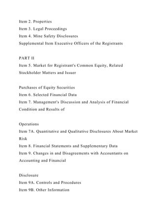Item 2. Properties
Item 3. Legal Proceedings
Item 4. Mine Safety Disclosures
Supplemental Item Executive Officers of the Registrants
PART II
Item 5. Market for Registrant's Common Equity, Related
Stockholder Matters and Issuer
Purchases of Equity Securities
Item 6. Selected Financial Data
Item 7. Management's Discussion and Analysis of Financial
Condition and Results of
Operations
Item 7A. Quantitative and Qualitative Disclosures About Market
Risk
Item 8. Financial Statements and Supplementary Data
Item 9. Changes in and Disagreements with Accountants on
Accounting and Financial
Disclosure
Item 9A. Controls and Procedures
Item 9B. Other Information
 