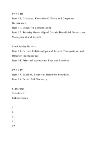 PART III
Item 10. Directors, Executive Officers and Corporate
Governance
Item 11. Executive Compensation
Item 12. Security Ownership of Certain Beneficial Owners and
Management and Related
Stockholder Matters
Item 13. Certain Relationships and Related Transactions, and
Director Independence
Item 14. Principal Accountant Fees and Services
PART IV
Item 15. Exhibits, Financial Statement Schedules
Item 16. Form 10-K Summary
Signatures
Schedule II
Exhibit Index
1
6
11
11
12
 