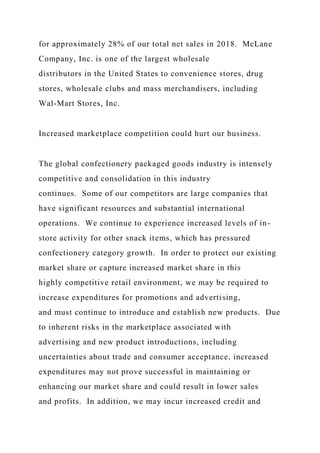 for approximately 28% of our total net sales in 2018. McLane
Company, Inc. is one of the largest wholesale
distributors in the United States to convenience stores, drug
stores, wholesale clubs and mass merchandisers, including
Wal-Mart Stores, Inc.
Increased marketplace competition could hurt our business.
The global confectionery packaged goods industry is intensely
competitive and consolidation in this industry
continues. Some of our competitors are large companies that
have significant resources and substantial international
operations. We continue to experience increased levels of in-
store activity for other snack items, which has pressured
confectionery category growth. In order to protect our existing
market share or capture increased market share in this
highly competitive retail environment, we may be required to
increase expenditures for promotions and advertising,
and must continue to introduce and establish new products. Due
to inherent risks in the marketplace associated with
advertising and new product introductions, including
uncertainties about trade and consumer acceptance, increased
expenditures may not prove successful in maintaining or
enhancing our market share and could result in lower sales
and profits. In addition, we may incur increased credit and
 