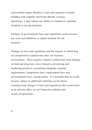 successfully couple Hershey’s scale and expertise in brand
building with Amplify and Pirate Brands' existing
operations, it may impact our ability to expand our snacking
footprint at our desired pace.
Changes in governmental laws and regulations could increase
our costs and liabilities or impact demand for our
products.
Changes in laws and regulations and the manner in which they
are interpreted or applied may alter our business
environment. These negative impacts could result from changes
in food and drug laws, laws related to advertising and
marketing practices, accounting standards, taxation
requirements, competition laws, employment laws and
environmental laws, among others. It is possible that we could
become subject to additional liabilities in the future
resulting from changes in laws and regulations that could result
in an adverse effect on our financial condition and
results of operations.
9
 