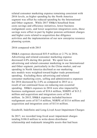 related consumer marketing expense remaining consistent with
2016 levels, as higher spending by the North America
segment was offset by reduced spending by the International
and Other segment. While 2017 SM&A benefited from
costs savings and efficiency initiatives, lower business
realignment costs, and lower acquisition integration costs, these
savings were offset in part by higher pension settlement charges
and higher costs related to acquisition due diligence
activities and the implementation of our new enterprise resource
planning system.
2016 compared with 2015
SM&A expenses decreased $53.9 million or 2.7% in 2016.
Advertising and related consumer marketing expense
decreased 4.0% during this period. We spent less on
advertising and related consumer marketing in our International
and Other segment, particularly in the China market, and our
spending in North America declined as our marketing
mix models were weighted toward higher trade promotional
spending. Excluding these advertising and related
consumer marketing costs, selling and administrative expenses
for 2016 decreased by 2.0% as compared to 2015 as a
result of our continued focus on reducing non-essential
spending. SM&A expenses in 2016 were also impacted by
business realignment costs of $18.6 million, NSRPE of $15.2
million and acquisition and integration costs of $6.5
million. In 2015, SM&A expenses included business
realignment costs of $17.4 million, NSRPE of $15.6 million and
acquisition and integration costs of $13.6 million.
Goodwill, Indefinite and Long-Lived Asset Impairment Charges
In 2017, we recorded long-lived asset impairment charges
totaling $106.0 million to write-down distributor
relationship and trademark intangible assets that had been
 