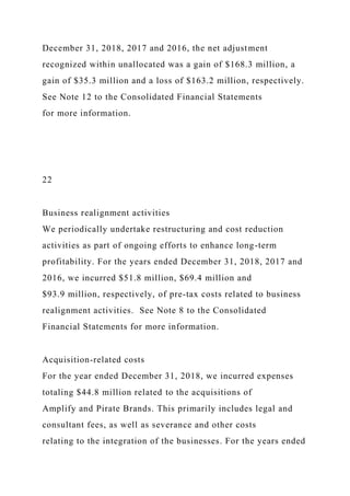December 31, 2018, 2017 and 2016, the net adjustment
recognized within unallocated was a gain of $168.3 million, a
gain of $35.3 million and a loss of $163.2 million, respectively.
See Note 12 to the Consolidated Financial Statements
for more information.
22
Business realignment activities
We periodically undertake restructuring and cost reduction
activities as part of ongoing efforts to enhance long-term
profitability. For the years ended December 31, 2018, 2017 and
2016, we incurred $51.8 million, $69.4 million and
$93.9 million, respectively, of pre-tax costs related to business
realignment activities. See Note 8 to the Consolidated
Financial Statements for more information.
Acquisition-related costs
For the year ended December 31, 2018, we incurred expenses
totaling $44.8 million related to the acquisitions of
Amplify and Pirate Brands. This primarily includes legal and
consultant fees, as well as severance and other costs
relating to the integration of the businesses. For the years ended
 