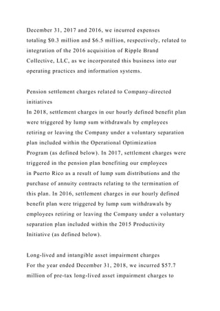 December 31, 2017 and 2016, we incurred expenses
totaling $0.3 million and $6.5 million, respectively, related to
integration of the 2016 acquisition of Ripple Brand
Collective, LLC, as we incorporated this business into our
operating practices and information systems.
Pension settlement charges related to Company-directed
initiatives
In 2018, settlement charges in our hourly defined benefit plan
were triggered by lump sum withdrawals by employees
retiring or leaving the Company under a voluntary separation
plan included within the Operational Optimization
Program (as defined below). In 2017, settlement charges were
triggered in the pension plan benefiting our employees
in Puerto Rico as a result of lump sum distributions and the
purchase of annuity contracts relating to the termination of
this plan. In 2016, settlement charges in our hourly defined
benefit plan were triggered by lump sum withdrawals by
employees retiring or leaving the Company under a voluntary
separation plan included within the 2015 Productivity
Initiative (as defined below).
Long-lived and intangible asset impairment charges
For the year ended December 31, 2018, we incurred $57.7
million of pre-tax long-lived asset impairment charges to
 