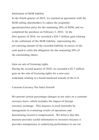Settlement of SGM liability
In the fourth quarter of 2015, we reached an agreement with the
SGM selling shareholders to reduce the originally-
agreed purchase price for the remaining 20% of SGM, and we
completed the purchase on February 3, 2016. In the
first quarter of 2016, we recorded a $26.7 million gain relating
to the settlement of the SGM liability, representing the
net carrying amount of the recorded liability in excess of the
cash paid to settle the obligation for the remaining 20% of
the outstanding shares.
Gain on sale of licensing rights
During the second quarter of 2018, we recorded a $2.7 million
gain on the sale of licensing rights for a non-core
trademark relating to a brand marketed outside of the U.S.
Constant Currency Net Sales Growth
We present certain percentage changes in net sales on a constant
currency basis, which excludes the impact of foreign
currency exchange. This measure is used internally by
management in evaluating results of operations and
determining incentive compensation. We believe that this
measure provides useful information to investors because it
provides transparency to underlying performance in our net
 
