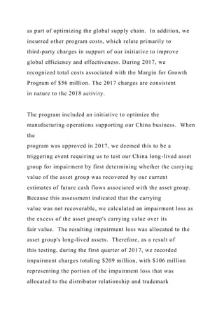 as part of optimizing the global supply chain. In addition, we
incurred other program costs, which relate primarily to
third-party charges in support of our initiative to improve
global efficiency and effectiveness. During 2017, we
recognized total costs associated with the Margin for Growth
Program of $56 million. The 2017 charges are consistent
in nature to the 2018 activity.
The program included an initiative to optimize the
manufacturing operations supporting our China business. When
the
program was approved in 2017, we deemed this to be a
triggering event requiring us to test our China long-lived asset
group for impairment by first determining whether the carrying
value of the asset group was recovered by our current
estimates of future cash flows associated with the asset group.
Because this assessment indicated that the carrying
value was not recoverable, we calculated an impairment loss as
the excess of the asset group's carrying value over its
fair value. The resulting impairment loss was allocated to the
asset group's long-lived assets. Therefore, as a result of
this testing, during the first quarter of 2017, we recorded
impairment charges totaling $209 million, with $106 million
representing the portion of the impairment loss that was
allocated to the distributor relationship and trademark
 