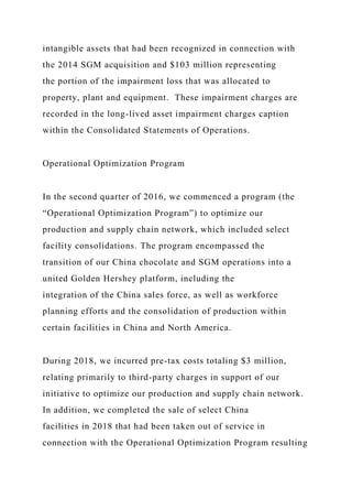 intangible assets that had been recognized in connection with
the 2014 SGM acquisition and $103 million representing
the portion of the impairment loss that was allocated to
property, plant and equipment. These impairment charges are
recorded in the long-lived asset impairment charges caption
within the Consolidated Statements of Operations.
Operational Optimization Program
In the second quarter of 2016, we commenced a program (the
“Operational Optimization Program”) to optimize our
production and supply chain network, which included select
facility consolidations. The program encompassed the
transition of our China chocolate and SGM operations into a
united Golden Hershey platform, including the
integration of the China sales force, as well as workforce
planning efforts and the consolidation of production within
certain facilities in China and North America.
During 2018, we incurred pre-tax costs totaling $3 million,
relating primarily to third-party charges in support of our
initiative to optimize our production and supply chain network.
In addition, we completed the sale of select China
facilities in 2018 that had been taken out of service in
connection with the Operational Optimization Program resulting
 