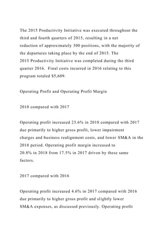 The 2015 Productivity Initiative was executed throughout the
third and fourth quarters of 2015, resulting in a net
reduction of approximately 300 positions, with the majority of
the departures taking place by the end of 2015. The
2015 Productivity Initiative was completed during the third
quarter 2016. Final costs incurred in 2016 relating to this
program totaled $5,609.
Operating Profit and Operating Profit Margin
2018 compared with 2017
Operating profit increased 23.6% in 2018 compared with 2017
due primarily to higher gross profit, lower impairment
charges and business realignment costs, and lower SM&A in the
2018 period. Operating profit margin increased to
20.8% in 2018 from 17.5% in 2017 driven by these same
factors.
2017 compared with 2016
Operating profit increased 4.6% in 2017 compared with 2016
due primarily to higher gross profit and slightly lower
SM&A expenses, as discussed previously. Operating profit
 