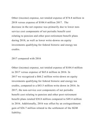 Other (income) expense, net totaled expense of $74.8 million in
2018 versus expense of $104.4 million 2017. The
decrease in the net expense was primarily due to lower non-
service cost components of net periodic benefit cost
relating to pension and other post-retirement benefit plans
during 2018, as well as lower write-downs on equity
investments qualifying for federal historic and energy tax
credits.
2017 compared with 2016
Other (income) expense, net totaled expense of $104.4 million
in 2017 versus expense of $65.6 million in 2016. In
2017 we recognized a $66.2 million write-down on equity
investments qualifying for federal historic and energy tax
credits, compared to a $43.5 million write down in 2016. In
2017, the non-service cost components of net periodic
benefit cost relating to pension and other post-retirement
benefit plans totaled $38.8 million compared to $49.4 million
in 2016. Additionally, 2016 was offset by an extinguishment
gain of $26.7 million related to the settlement of the SGM
liability.
 