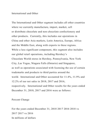 International and Other
The International and Other segment includes all other countries
where we currently manufacture, import, market, sell
or distribute chocolate and non-chocolate confectionery and
other products. Currently, this includes our operations in
China and other Asia markets, Latin America, Europe, Africa
and the Middle East, along with exports to these regions.
While a less significant component, this segment also includes
our global retail operations, including Hershey’s
Chocolate World stores in Hershey, Pennsylvania, New York
City, Las Vegas, Niagara Falls (Ontario) and Singapore,
as well as operations associated with licensing the use of certain
trademarks and products to third parties around the
world. International and Other accounted for 11.4%, 11.9% and
12.2% of our net sales in 2018, 2017 and 2016,
respectively. International and Other results for the years ended
December 31, 2018, 2017 and 2016 were as follows:
Percent Change
For the years ended December 31, 2018 2017 2016 2018 vs
2017 2017 vs 2016
In millions of dollars
 
