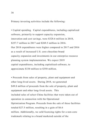 36
Primary investing activities include the following:
• Capital spending. Capital expenditures, including capitalized
software, primarily to support capacity expansion,
innovation and cost savings, were $328.6 million in 2018,
$257.7 million in 2017 and $269.5 million in 2016.
Our 2018 expenditures were higher compared to 2017 and 2016
as a result of increased U.S. core chocolate brand
capacity expansion and investments in our enterprise resource
planning system implementation. We expect 2019
capital expenditures, including capitalized software, to
approximate $330 million to $350 million.
• Proceeds from sales of property, plant and equipment and
other long-lived assets. During 2018, we generated
$49.8 million of proceeds from the sale of property, plant and
equipment and other long-lived assets. This
included sales of select China facilities that were taken out of
operation in connection with the Operational
Optimization Program. Proceeds from the sale of these facilities
totaled $27.5 million, resulting in a gain of $6.6
million. Additionally, we sold licensing rights for a non-core
trademark relating to a brand marketed outside of the
 