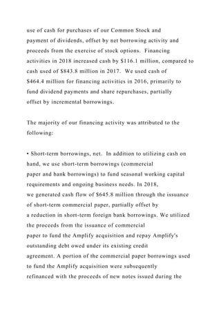 use of cash for purchases of our Common Stock and
payment of dividends, offset by net borrowing activity and
proceeds from the exercise of stock options. Financing
activities in 2018 increased cash by $116.1 million, compared to
cash used of $843.8 million in 2017. We used cash of
$464.4 million for financing activities in 2016, primarily to
fund dividend payments and share repurchases, partially
offset by incremental borrowings.
The majority of our financing activity was attributed to the
following:
• Short-term borrowings, net. In addition to utilizing cash on
hand, we use short-term borrowings (commercial
paper and bank borrowings) to fund seasonal working capital
requirements and ongoing business needs. In 2018,
we generated cash flow of $645.8 million through the issuance
of short-term commercial paper, partially offset by
a reduction in short-term foreign bank borrowings. We utilized
the proceeds from the issuance of commercial
paper to fund the Amplify acquisition and repay Amplify's
outstanding debt owed under its existing credit
agreement. A portion of the commercial paper borrowings used
to fund the Amplify acquisition were subsequently
refinanced with the proceeds of new notes issued during the
 