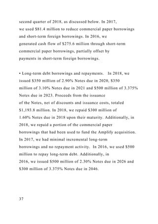 second quarter of 2018, as discussed below. In 2017,
we used $81.4 million to reduce commercial paper borrowings
and short-term foreign borrowings. In 2016, we
generated cash flow of $275.6 million through short-term
commercial paper borrowings, partially offset by
payments in short-term foreign borrowings.
• Long-term debt borrowings and repayments. In 2018, we
issued $350 million of 2.90% Notes due in 2020, $350
million of 3.10% Notes due in 2021 and $500 million of 3.375%
Notes due in 2023. Proceeds from the issuance
of the Notes, net of discounts and issuance costs, totaled
$1,193.8 million. In 2018, we repaid $300 million of
1.60% Notes due in 2018 upon their maturity. Additionally, in
2018, we repaid a portion of the commercial paper
borrowings that had been used to fund the Amplify acquisition.
In 2017, we had minimal incremental long-term
borrowings and no repayment activity. In 2016, we used $500
million to repay long-term debt. Additionally, in
2016, we issued $500 million of 2.30% Notes due in 2026 and
$300 million of 3.375% Notes due in 2046.
37
 
