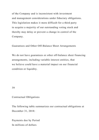 of the Company and is inconsistent with investment
and management considerations under fiduciary obligations.
This legislation makes it more difficult for a third party
to acquire a majority of our outstanding voting stock and
thereby may delay or prevent a change in control of the
Company.
Guarantees and Other Off-Balance Sheet Arrangements
We do not have guarantees or other off-balance sheet financing
arrangements, including variable interest entities, that
we believe could have a material impact on our financial
condition or liquidity.
39
Contractual Obligations
The following table summarizes our contractual obligations at
December 31, 2018:
Payments due by Period
In millions of dollars
 