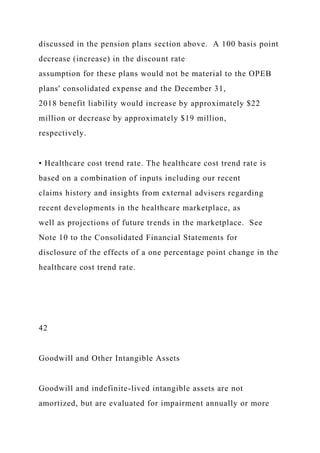 discussed in the pension plans section above. A 100 basis point
decrease (increase) in the discount rate
assumption for these plans would not be material to the OPEB
plans' consolidated expense and the December 31,
2018 benefit liability would increase by approximately $22
million or decrease by approximately $19 million,
respectively.
• Healthcare cost trend rate. The healthcare cost trend rate is
based on a combination of inputs including our recent
claims history and insights from external advisers regarding
recent developments in the healthcare marketplace, as
well as projections of future trends in the marketplace. See
Note 10 to the Consolidated Financial Statements for
disclosure of the effects of a one percentage point change in the
healthcare cost trend rate.
42
Goodwill and Other Intangible Assets
Goodwill and indefinite-lived intangible assets are not
amortized, but are evaluated for impairment annually or more
 