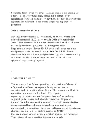 benefited from lower weighted-average shares outstanding as
a result of share repurchases, including a current year
repurchase from the Milton Hershey School Trust and prior year
repurchases pursuant to our Board-approved repurchase
programs.
2016 compared with 2015
Net income increased $207.0 million, or 40.4%, while EPS-
diluted increased $1.02, or 44.0%, in 2016 compared with
2015. The increases in both net income and EPS-diluted were
driven by the lower goodwill and intangible asset
impairment charges, lower SM&A costs and lower business
realignment costs, as noted above. Our 2016 EPS-diluted
also benefited from lower weighted-average shares outstanding
as a result of share repurchases pursuant to our Board-
approved repurchase programs.
31
SEGMENT RESULTS
The summary that follows provides a discussion of the results
of operations of our two reportable segments: North
America and International and Other. The segments reflect our
operations on a geographic basis. For segment
reporting purposes, we use “segment income” to evaluate
segment performance and allocate resources. Segment
income excludes unallocated general corporate administrative
expenses, unallocated mark-to-market gains and losses
on commodity derivatives, business realignment and impairment
charges, acquisition integration costs and NSRPE
that are not part of our measurement of segment performance.
These items of our operating income are largely
 