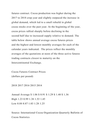 futures contract. Cocoa production was higher during the
2017 to 2018 crop year and slightly outpaced the increase in
global demand, which led to a small rebuild in global
cocoa stocks over the past year. At the beginning of the year,
cocoa prices rallied sharply before declining in the
second half due to increased supply relative to demand. The
table below shows annual average cocoa futures prices
and the highest and lowest monthly averages for each of the
calendar years indicated. The prices reflect the monthly
averages of the quotations at noon of the three active futures
trading contracts closest to maturity on the
Intercontinental Exchange.
Cocoa Futures Contract Prices
(dollars per pound)
2018 2017 2016 2015 2014
Annual Average $ 1.06 $ 0.91 $ 1.29 $ 1.40 $ 1.36
High 1.23 0.99 1.38 1.53 1.45
Low 0.88 0.87 1.03 1.28 1.25
Source: International Cocoa Organization Quarterly Bulletin of
Cocoa Statistics
 