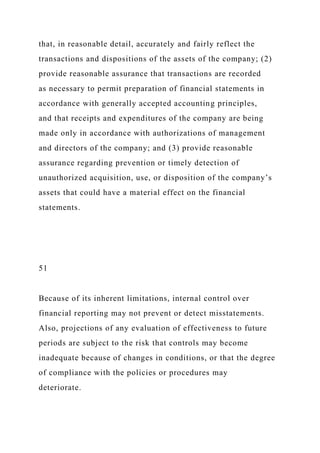 that, in reasonable detail, accurately and fairly reflect the
transactions and dispositions of the assets of the company; (2)
provide reasonable assurance that transactions are recorded
as necessary to permit preparation of financial statements in
accordance with generally accepted accounting principles,
and that receipts and expenditures of the company are being
made only in accordance with authorizations of management
and directors of the company; and (3) provide reasonable
assurance regarding prevention or timely detection of
unauthorized acquisition, use, or disposition of the company’s
assets that could have a material effect on the financial
statements.
51
Because of its inherent limitations, internal control over
financial reporting may not prevent or detect misstatements.
Also, projections of any evaluation of effectiveness to future
periods are subject to the risk that controls may become
inadequate because of changes in conditions, or that the degree
of compliance with the policies or procedures may
deteriorate.
 