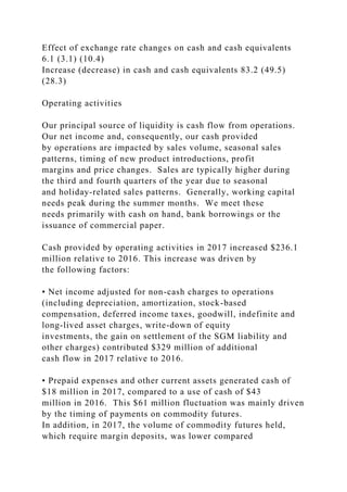 Effect of exchange rate changes on cash and cash equivalents
6.1 (3.1) (10.4)
Increase (decrease) in cash and cash equivalents 83.2 (49.5)
(28.3)
Operating activities
Our principal source of liquidity is cash flow from operations.
Our net income and, consequently, our cash provided
by operations are impacted by sales volume, seasonal sales
patterns, timing of new product introductions, profit
margins and price changes. Sales are typically higher during
the third and fourth quarters of the year due to seasonal
and holiday-related sales patterns. Generally, working capital
needs peak during the summer months. We meet these
needs primarily with cash on hand, bank borrowings or the
issuance of commercial paper.
Cash provided by operating activities in 2017 increased $236.1
million relative to 2016. This increase was driven by
the following factors:
• Net income adjusted for non-cash charges to operations
(including depreciation, amortization, stock-based
compensation, deferred income taxes, goodwill, indefinite and
long-lived asset charges, write-down of equity
investments, the gain on settlement of the SGM liability and
other charges) contributed $329 million of additional
cash flow in 2017 relative to 2016.
• Prepaid expenses and other current assets generated cash of
$18 million in 2017, compared to a use of cash of $43
million in 2016. This $61 million fluctuation was mainly driven
by the timing of payments on commodity futures.
In addition, in 2017, the volume of commodity futures held,
which require margin deposits, was lower compared
 