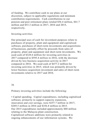 of funding. We contribute cash to our plans at our
discretion, subject to applicable regulations and minimum
contribution requirements. Cash contributions to our
pension and post retirement plans totaled $56.4 million, $41.7
million and $53.3 million in 2017, 2016 and 2015,
respectively.
Investing activities
Our principal uses of cash for investment purposes relate to
purchases of property, plant and equipment and capitalized
software, purchases of short-term investments and acquisitions
of businesses, partially offset by proceeds from sales of
property, plant and equipment and short-term investments. We
used cash of $328.6 million for investing activities in
2017 compared to $595.4 million in 2016, with the decrease
driven by less business acquisition activity in 2017
compared to 2016. We used cash of $477.2 million for
investing activities in 2015, which was primarily driven by
lower business acquisition investment and sales of short-term
investments relative to 2017 and 2016.
36
Primary investing activities include the following:
• Capital spending. Capital expenditures, including capitalized
software, primarily to support capacity expansion,
innovation and cost savings, were $257.7 million in 2017,
$269.5 million in 2016 and $356.8 million in 2015.
Our 2015 expenditures included approximately $80 million
relating to the Malaysia plant construction.
Capitalized software additions were primarily related to
ongoing enhancements of our information systems. We
 