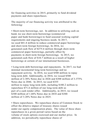 for financing activities in 2015, primarily to fund dividend
payments and share repurchases.
The majority of our financing activity was attributed to the
following:
• Short-term borrowings, net. In addition to utilizing cash on
hand, we use short-term borrowings (commercial
paper and bank borrowings) to fund seasonal working capital
requirements and ongoing business needs. In 2017,
we used $81.4 million to reduce commercial paper borrowings
and short-term foreign borrowings. In 2016, we
generated cash flow of $275.6 million through short-term
commercial paper borrowings, partially offset by
payments in short-term foreign borrowings. In 2015, we
generated cash flow of $10.7 million as a result of higher
borrowings at certain of our international businesses.
• Long-term debt borrowings and repayments. In 2017, we had
minimal incremental long-term borrowings and no
repayment activity. In 2016, we used $500 million to repay
long-term debt. Additionally, in 2016, we issued $500
million of 2.30% Notes due in 2026 and $300 million of 3.375%
Notes due in 2046. In 2015, we used $355
million to repay long-term debt, including $100.2 million to
repurchase $71.6 million of our long-term debt as
part of a cash tender offer. Additionally, in 2015, we issued
$300 million of 1.60% Notes due in 2018 and $300
million of 3.20% Notes due in 2025.
• Share repurchases. We repurchase shares of Common Stock to
offset the dilutive impact of treasury shares issued
under our equity compensation plans. The value of these share
repurchases in a given period varies based on the
volume of stock options exercised and our market price. In
addition, we periodically repurchase shares of
 