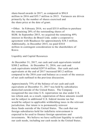 share-based awards in 2017, as compared to $94.8
million in 2016 and $55.7 million in 2015. Variances are driven
primarily by the number of shares exercised and
the share price at the date of grant.
• Other. In February 2016, we used $35.8 million to purchase
the remaining 20% of the outstanding shares of
SGM. In September 2015, we acquired the remaining 49%
interest in Hershey do Brasil Ltda. under a cooperative
agreement with Bauducco for approximately $38.3 million.
Additionally, in December 2015, we paid $10.0
million in contingent consideration to the shareholders of
Krave.
Liquidity and Capital Resources
At December 31, 2017, our cash and cash equivalents totaled
$380.2 million. At December 31, 2016, our cash and
cash equivalents totaled $297.0 million. Our cash and cash
equivalents at the end of 2017 increased $83.2 million
compared to the 2016 year-end balance as a result of the sources
of net cash outlined in the previous discussion.
Approximately 75% of the balance of our cash and cash
equivalents at December 31, 2017 was held by subsidiaries
domiciled outside of the United States. The Company
recognized the one-time U.S. repatriation tax due under U.S.
tax reform and, as a result, repatriation of these amounts would
not be subject to additional U.S. federal income tax but
would be subject to applicable withholding taxes in the relevant
jurisdiction. Our intent is to permanently reinvest
these funds outside of the United States. The cash that our
foreign subsidiaries hold for indefinite reinvestment is
expected to be used to finance foreign operations and
investments. We believe we have sufficient liquidity to satisfy
our cash needs, including our cash needs in the United States.
 