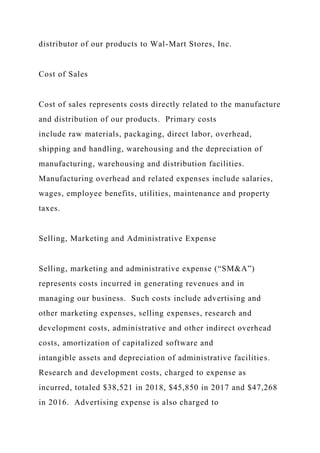 distributor of our products to Wal-Mart Stores, Inc.
Cost of Sales
Cost of sales represents costs directly related to the manufacture
and distribution of our products. Primary costs
include raw materials, packaging, direct labor, overhead,
shipping and handling, warehousing and the depreciation of
manufacturing, warehousing and distribution facilities.
Manufacturing overhead and related expenses include salaries,
wages, employee benefits, utilities, maintenance and property
taxes.
Selling, Marketing and Administrative Expense
Selling, marketing and administrative expense (“SM&A”)
represents costs incurred in generating revenues and in
managing our business. Such costs include advertising and
other marketing expenses, selling expenses, research and
development costs, administrative and other indirect overhead
costs, amortization of capitalized software and
intangible assets and depreciation of administrative facilities.
Research and development costs, charged to expense as
incurred, totaled $38,521 in 2018, $45,850 in 2017 and $47,268
in 2016. Advertising expense is also charged to
 