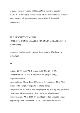 to adopt the provisions of this ASU in the first quarter
of 2019. We believe the adoption of the new standard will not
have a material impact on our consolidated financial
statements.
THE HERSHEY COMPANY
NOTES TO CONSOLIDATED FINANCIAL STATEMENTS—
(Continued)
(amounts in thousands, except share data or if otherwise
indicated)
64
In June 2018, the FASB issued ASU No. 2018-07,
Compensation – Stock Compensation (Topic 718),
Improvements to
Nonemployee Share-Based Payment Accounting. This ASU is
intended to simplify aspects of share-based
compensation issued to non-employees by making the guidance
consistent with accounting for employee share-based
compensation. ASU 2018-07 is effective for annual periods
beginning after December 15, 2018 and interim periods
 
