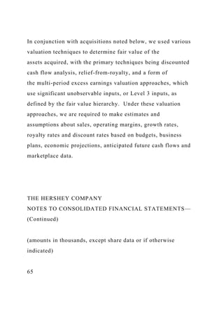In conjunction with acquisitions noted below, we used various
valuation techniques to determine fair value of the
assets acquired, with the primary techniques being discounted
cash flow analysis, relief-from-royalty, and a form of
the multi-period excess earnings valuation approaches, which
use significant unobservable inputs, or Level 3 inputs, as
defined by the fair value hierarchy. Under these valuation
approaches, we are required to make estimates and
assumptions about sales, operating margins, growth rates,
royalty rates and discount rates based on budgets, business
plans, economic projections, anticipated future cash flows and
marketplace data.
THE HERSHEY COMPANY
NOTES TO CONSOLIDATED FINANCIAL STATEMENTS—
(Continued)
(amounts in thousands, except share data or if otherwise
indicated)
65
 