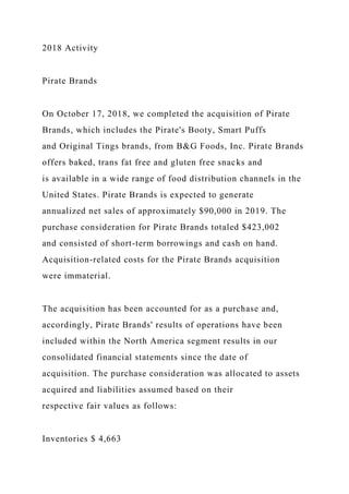 2018 Activity
Pirate Brands
On October 17, 2018, we completed the acquisition of Pirate
Brands, which includes the Pirate's Booty, Smart Puffs
and Original Tings brands, from B&G Foods, Inc. Pirate Brands
offers baked, trans fat free and gluten free snacks and
is available in a wide range of food distribution channels in the
United States. Pirate Brands is expected to generate
annualized net sales of approximately $90,000 in 2019. The
purchase consideration for Pirate Brands totaled $423,002
and consisted of short-term borrowings and cash on hand.
Acquisition-related costs for the Pirate Brands acquisition
were immaterial.
The acquisition has been accounted for as a purchase and,
accordingly, Pirate Brands' results of operations have been
included within the North America segment results in our
consolidated financial statements since the date of
acquisition. The purchase consideration was allocated to assets
acquired and liabilities assumed based on their
respective fair values as follows:
Inventories $ 4,663
 