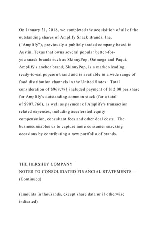 On January 31, 2018, we completed the acquisition of all of the
outstanding shares of Amplify Snack Brands, Inc.
(“Amplify”), previously a publicly traded company based in
Austin, Texas that owns several popular better-for-
you snack brands such as SkinnyPop, Oatmega and Paqui.
Amplify's anchor brand, SkinnyPop, is a market-leading
ready-to-eat popcorn brand and is available in a wide range of
food distribution channels in the United States. Total
consideration of $968,781 included payment of $12.00 per share
for Amplify's outstanding common stock (for a total
of $907,766), as well as payment of Amplify's transaction
related expenses, including accelerated equity
compensation, consultant fees and other deal costs. The
business enables us to capture more consumer snacking
occasions by contributing a new portfolio of brands.
THE HERSHEY COMPANY
NOTES TO CONSOLIDATED FINANCIAL STATEMENTS—
(Continued)
(amounts in thousands, except share data or if otherwise
indicated)
 
