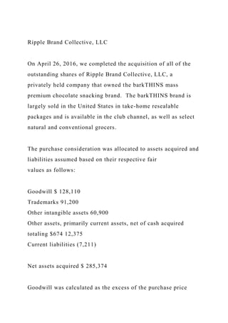 Ripple Brand Collective, LLC
On April 26, 2016, we completed the acquisition of all of the
outstanding shares of Ripple Brand Collective, LLC, a
privately held company that owned the barkTHINS mass
premium chocolate snacking brand. The barkTHINS brand is
largely sold in the United States in take-home resealable
packages and is available in the club channel, as well as select
natural and conventional grocers.
The purchase consideration was allocated to assets acquired and
liabilities assumed based on their respective fair
values as follows:
Goodwill $ 128,110
Trademarks 91,200
Other intangible assets 60,900
Other assets, primarily current assets, net of cash acquired
totaling $674 12,375
Current liabilities (7,211)
Net assets acquired $ 285,374
Goodwill was calculated as the excess of the purchase price
 