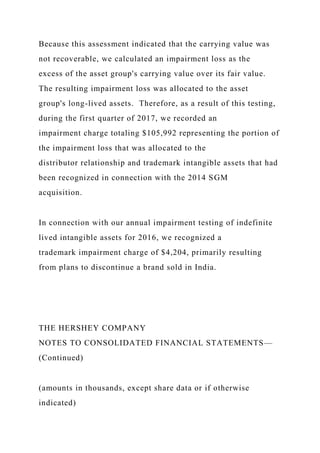 Because this assessment indicated that the carrying value was
not recoverable, we calculated an impairment loss as the
excess of the asset group's carrying value over its fair value.
The resulting impairment loss was allocated to the asset
group's long-lived assets. Therefore, as a result of this testing,
during the first quarter of 2017, we recorded an
impairment charge totaling $105,992 representing the portion of
the impairment loss that was allocated to the
distributor relationship and trademark intangible assets that had
been recognized in connection with the 2014 SGM
acquisition.
In connection with our annual impairment testing of indefinite
lived intangible assets for 2016, we recognized a
trademark impairment charge of $4,204, primarily resulting
from plans to discontinue a brand sold in India.
THE HERSHEY COMPANY
NOTES TO CONSOLIDATED FINANCIAL STATEMENTS—
(Continued)
(amounts in thousands, except share data or if otherwise
indicated)
 