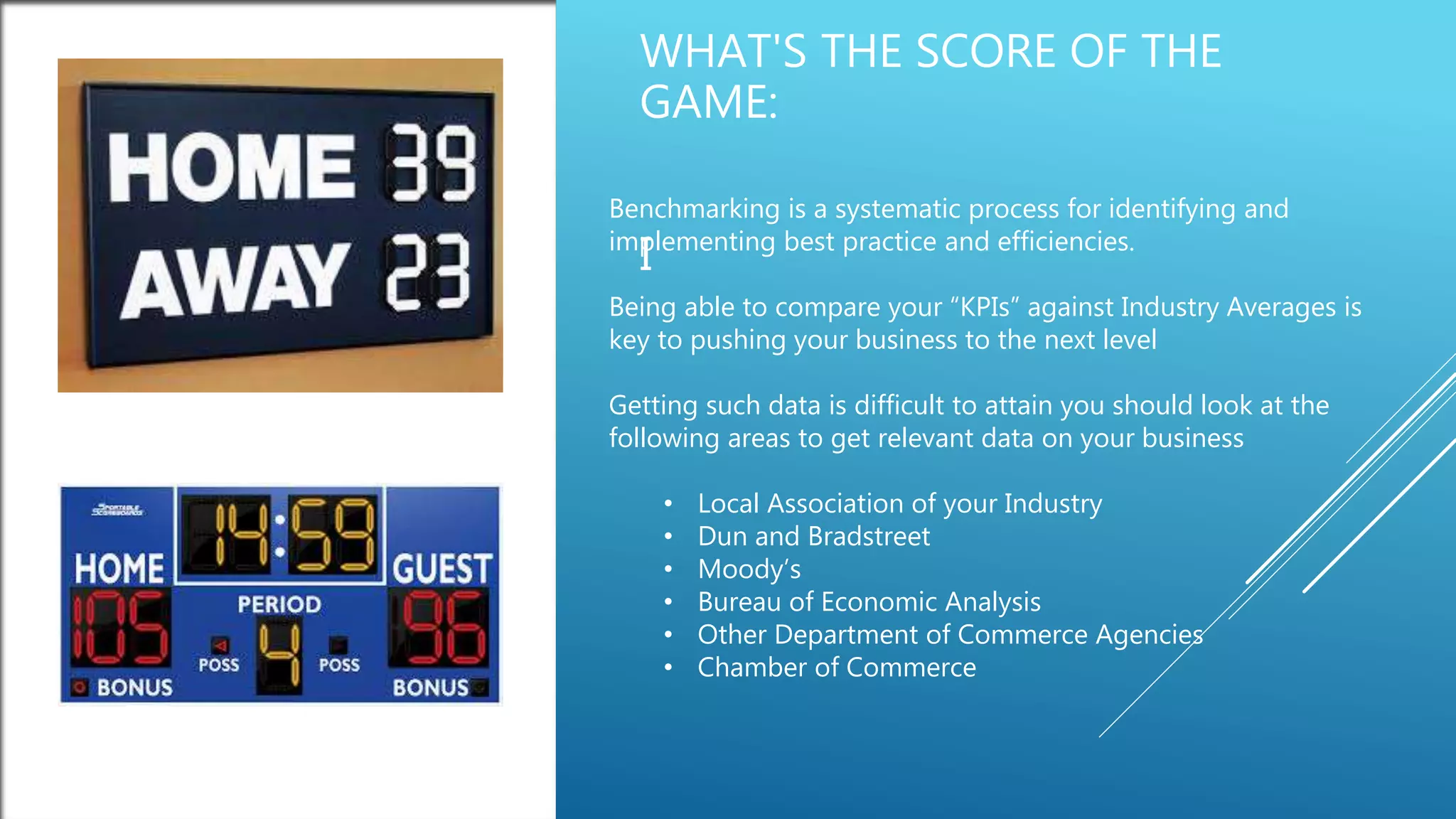 WHAT'S THE SCORE OF THE
GAME:
I
Benchmarking is a systematic process for identifying and
implementing best practice and efficiencies.
Being able to compare your &ldquo;KPIs&rdquo; against Industry Averages is
key to pushing your business to the next level
Getting such data is difficult to attain you should look at the
following areas to get relevant data on your business
&bull; Local Association of your Industry
&bull; Dun and Bradstreet
&bull; Moody&rsquo;s
&bull; Bureau of Economic Analysis
&bull; Other Department of Commerce Agencies
&bull; Chamber of Commerce
 