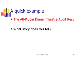 A quick example The All-Pippin Dinner Theatre Audit Results - 2001 - 2009 What story does this tell? (c) David L. Olson - 2011 