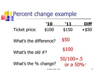Percent change example ‘ 10  ‘11  Diff Ticket price:  $100  $150  +$50 What’s the difference? What’s the old #? What’s the % change? (c) David L. Olson - 2011 $50 $100 50/100=.5 or a 50% 
